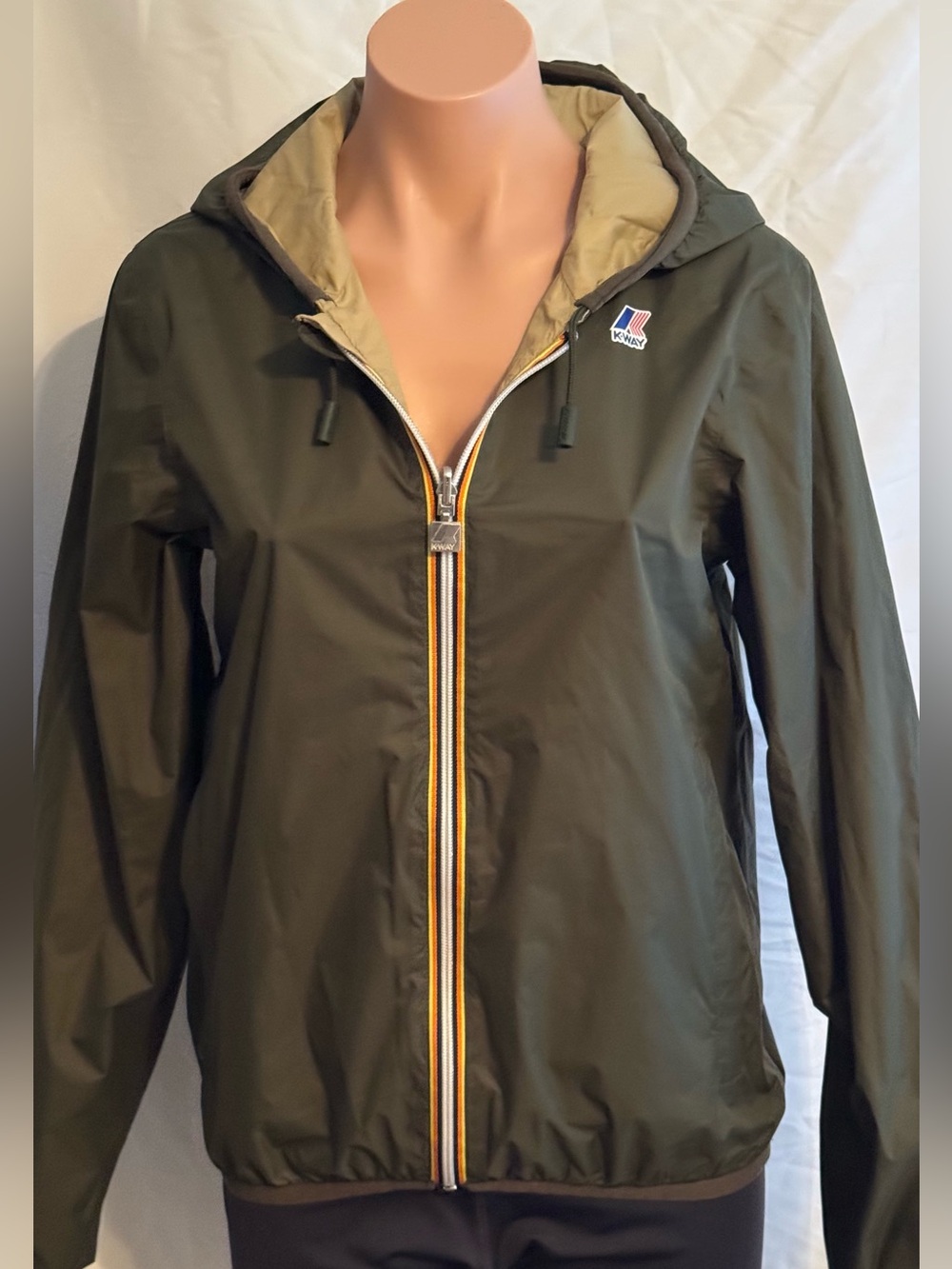 K-Way Women's Olive Green Hooded Reversible Rain Jacket S